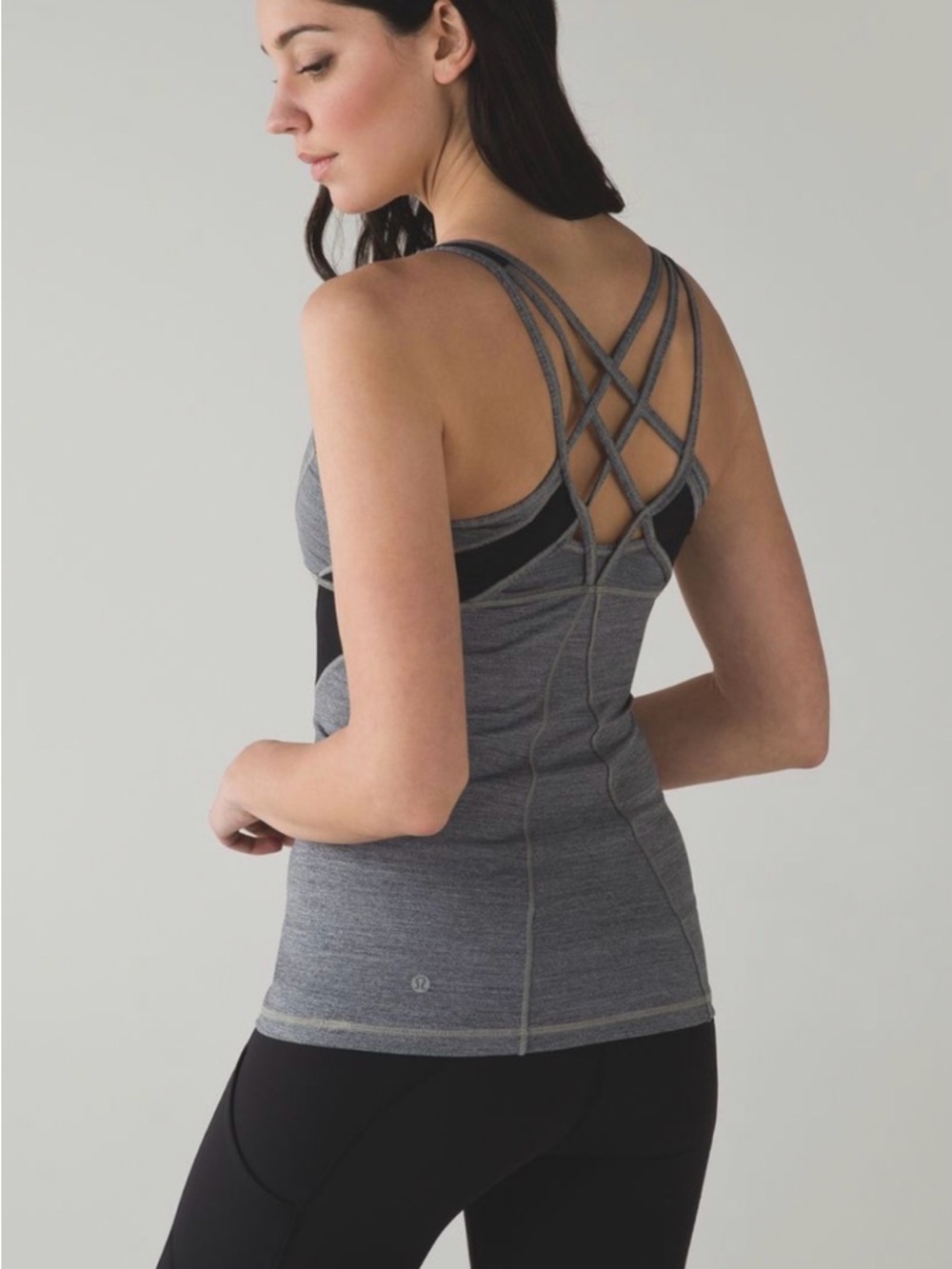 Lululemon Strap It Like It’s Hot Tank Gray Black Mesh Criss Cross Back Size 4